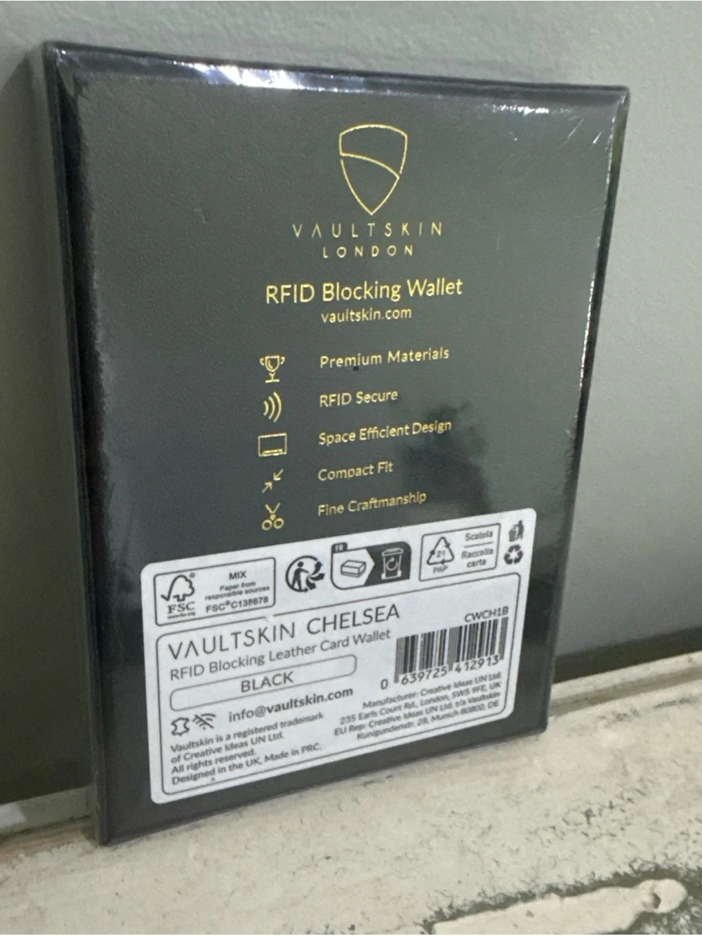 Vaultskin London Chelsea Black Leather RFID Wallet - New In Box